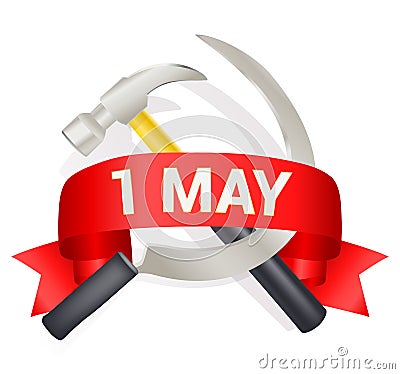 1st may day greeting illustration with hammer and sickle and a bow with text. Labor day greeting, international worker day Vector Illustration