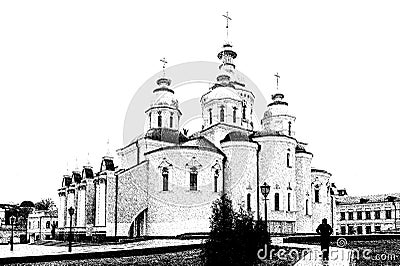 St. Michael`s Golden-Domed Monastery in Kiev, Ukraine pen sketch Stock Photo