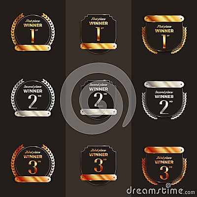 1st, 2nd, 3rd place logo`s with laurels and ribbons. Cartoon Illustration