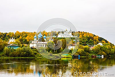 St. Nichola`s Holy Trinity Monastery Svyato Troitse Nikolsky Monastery and Cathedral of the Annunciation. View from the Klyazma Stock Photo