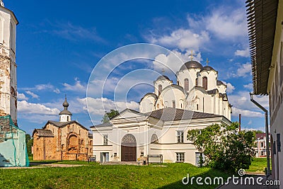 St. Nicholas Cathedral and Bell tower at Yaroslav`s Court in Velikiy Novgorod, Russia. Summer landscape and architectural landmar Stock Photo