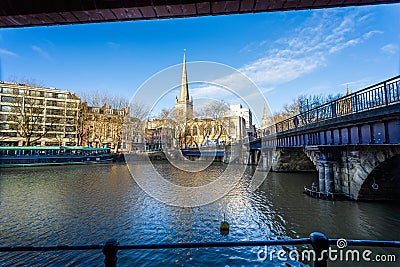 St Nicholas Church viewed from beneath the Bristol Bridge in Bristol, Avon, UK Editorial Stock Photo