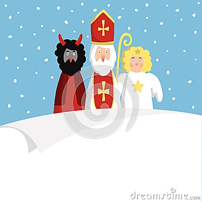St. Nicholas with devil,angel and blank paper. Cute Christmas invitation, card, wish list. Flat design, illustration. Vector Illustration
