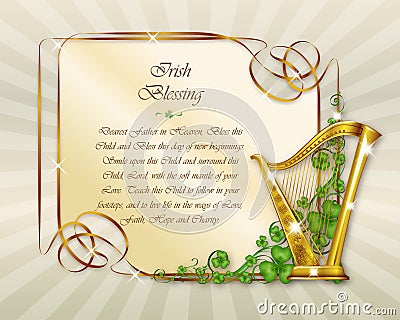 March 17th Saint Patrick`s Day Irish Blessing with Celtic Harp Vector Illustration