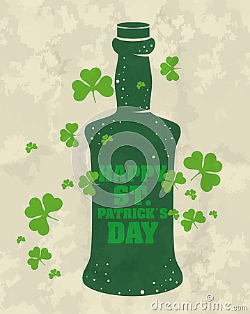 St patrick celebration with liquor bottle and clovers Vector Illustration