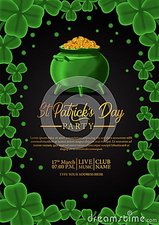 St patrick day banner template with illustration of shamrock clover leaves and golden coin in pot Vector Illustration