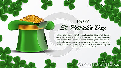 St patrick day banner template with illustration of shamrock clover leaves and golden coin in the hat Vector Illustration