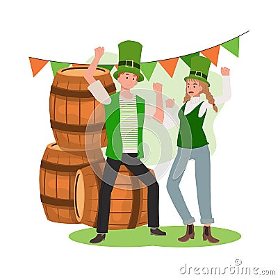 St Patrick Day Celebration. Man and Woman Dancing in Joyful Festivities Vector Illustration