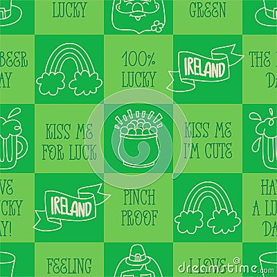 St Patricks day doodle style seamless pattern in black and white Vector Illustration