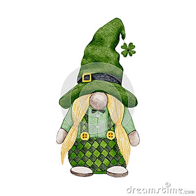 St Patrick day leprechaun with four leaves clovers, Greeting card a gnomes with shamrock a luck symbols.Vector Watercolour green Vector Illustration