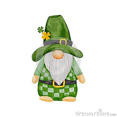 St Patrick day leprechaun with four leaves clovers, Greeting card a gnomes with shamrock a luck symbols.Vector Watercolour green Vector Illustration