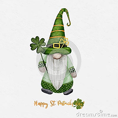 St Patrick day leprechaun with four leaves clovers, Greeting card a gnomes with shamrock a luck symbols.Vector Watercolour green Vector Illustration