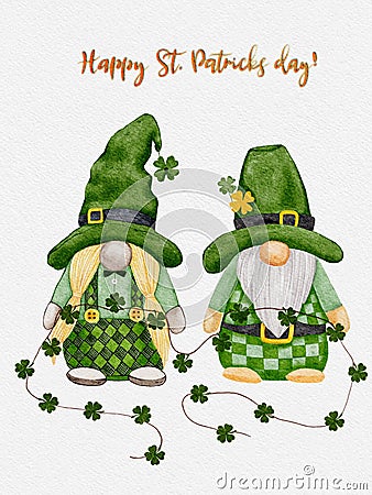 St Patrick day leprechaun in green hat with four leaves clovers,Greeting card Gnomes with shamrock a luck symbols.illustration Cartoon Illustration