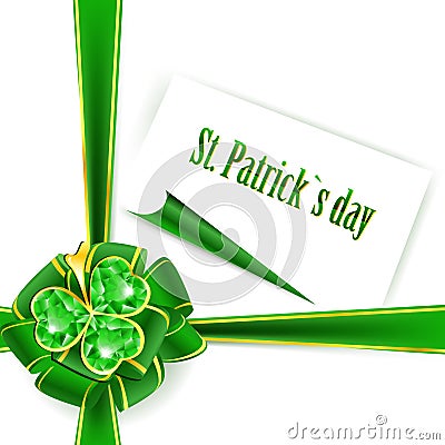 St.Patrick holiday bow with emerald shamrock Vector Illustration