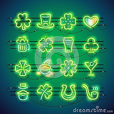 St Patrick Neon Icons Vector Illustration