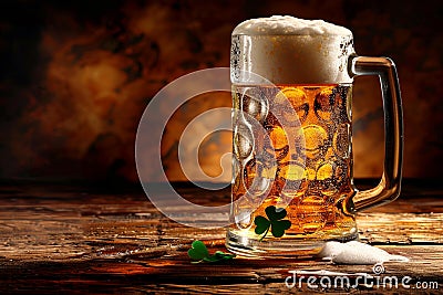 st. patrick's cold beer, St. Patrick's leaf in Cold beer with clovers inside Stock Photo