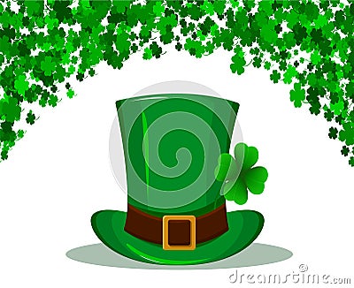 St. Patrick`s Day background made of four leaf clover. and Patrick green hat in the center Vector Illustration