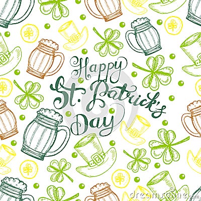 St. Patrick`s Day background. Vector seamless pattern th irish symbols of St. Patrick` s holiday Vector Illustration