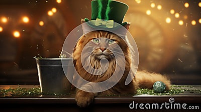 St. Patrick's day banner with mainecoon cat wearing green irish elf hat, gold coins, glitter and shamrock clover leaves. Stock Photo