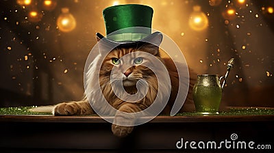 St. Patrick's day banner with mainecoon cat wearing green irish elf hat, gold coins, glitter and shamrock clover leaves. Stock Photo