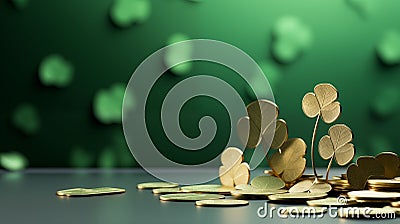 St. Patrick's day banner with gold coins and shamrock clover leaves on green background Stock Photo