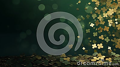 St. Patrick's day banner with gold shamrock clover leaves on green background Stock Photo