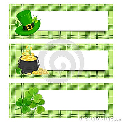 St. Patrick's day banners with shamrock, pot of gold and leprechaun hat. Vector eps-10. Vector Illustration