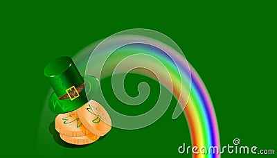 St Patrick's day, cartoon. Green hat, rainbow of gold vector Stock Photo