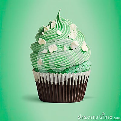 St. Patrick's day cupcake on green with three-leaved shamrocks (four leaf clove) on top generative AI Stock Photo