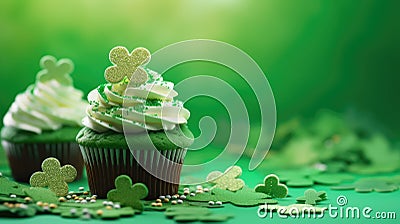 St. Patrick's Day cupcake with whipped cream decorated clover on green background. Stock Photo