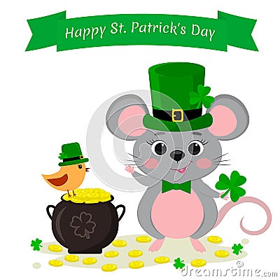 St.Patrick s Day. A cute gray mouse in a green hat stands and raised a paw, a bowler with gold coins and a bird in a green hat, Stock Photo