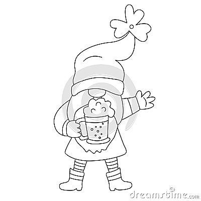 St. Patrick`s Day funny gnome with foam beer doodle hand drawn illustration Vector Illustration