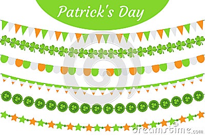 St. Patrick`s Day garland set. Festive decorations bunting. Party elements, flags, shamrock, clover. Isolated on white Vector Illustration