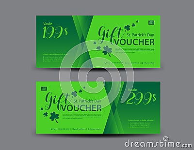 St. Patrick`s Day Gift voucher card, Green Gift Voucher template, coupon design, banner Vector Illustration