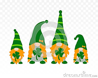 St Patrick`s Day Gnomes Family isolated on transparent background. Irish gnomes holding shamrocks or clovers. Vector illustration Vector Illustration