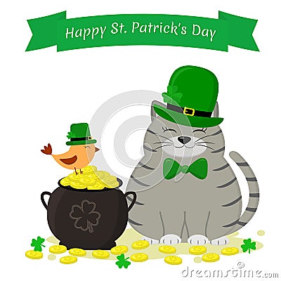 St.Patrick `s Day. Gray striped cat in a green hat, a leprechaun, a teapot with gold coins and a bird in a green hat, a clover. Vector Illustration