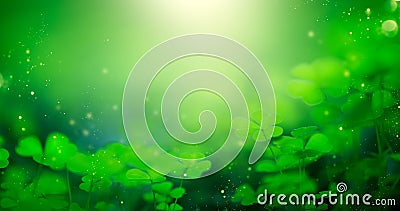 St. Patrick`s Day green blurred background with shamrock leaves. Patrick Day. Abstract border art design. Magic clover Stock Photo