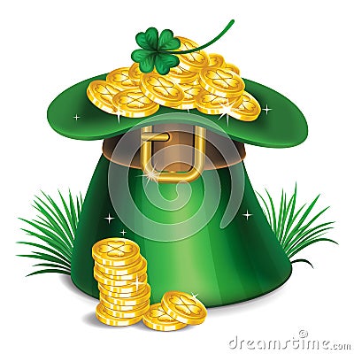 St. Patrick's Day green leprechaun hat with clover and gold Vector Illustration