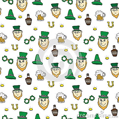 St Patrick`s Day hand drawn doodle Seamless pattern, vector illustration background Vector Illustration