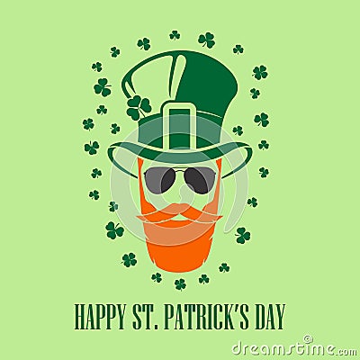 St. Patrick`s Day Holiday poster, banner, label, badge, emblem or greeting card design with hipster leprechaun. Vector Illustration