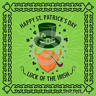 St. Patrick`s Day Holiday poster, banner, label, badge, emblem or greeting card design with hipster leprechaun. Vector Illustration