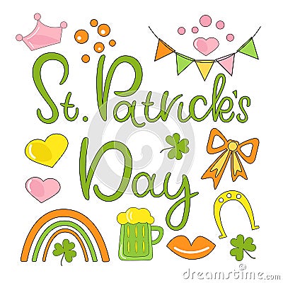 St. Patrick`s Day holiday SET. Vector decoration element garland, leprechaun, rainbow, beer mug, horseshoe. Vector Illustration