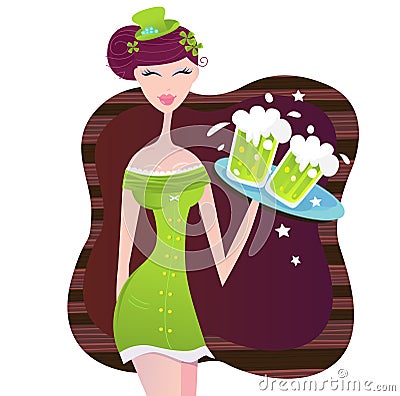 St. Patrick's Day irish girl with green beer Vector Illustration