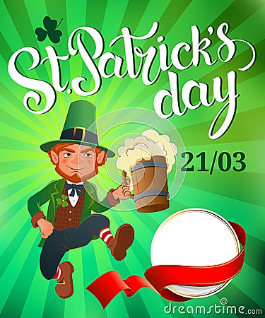 St. Patrick`s Day. Joyful jumping leprechaun. Vector Illustration