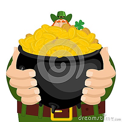 St. Patrick`s Day. Leprechaun and pot of gold. Magic dwarf and b Vector Illustration