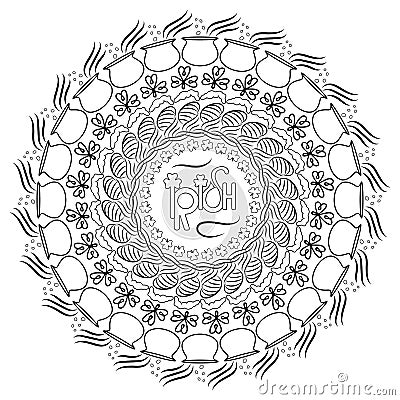 St patrick`s day mandala. Contour mandala with clover, pot, coins patterns. Vector Illustration