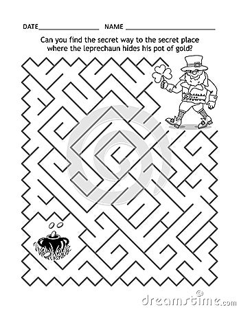 St Patrick`s Day maze game for children with leprechaun and pot of gold Vector Illustration