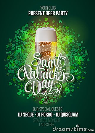 St. Patrick's Day poster. Beer party green background with calligraphy sign and beer mug. Cartoon Illustration