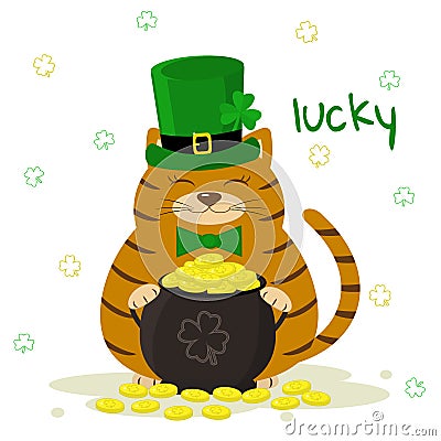 St.Patrick `s Day. Red striped cat in a green leprechaun hat, bowler with gold coins, clover. Cartoon style, flat design. Vector Vector Illustration