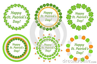 St. Patrick`s Day round frame with clover, shamrock, flags, bunting. Isolated on white background. Vector illustration Vector Illustration